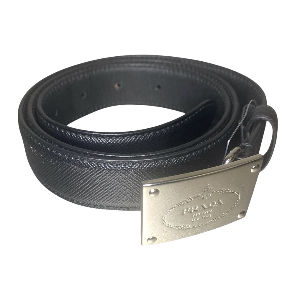 Prada Black Leather Belt with Gold Buckle